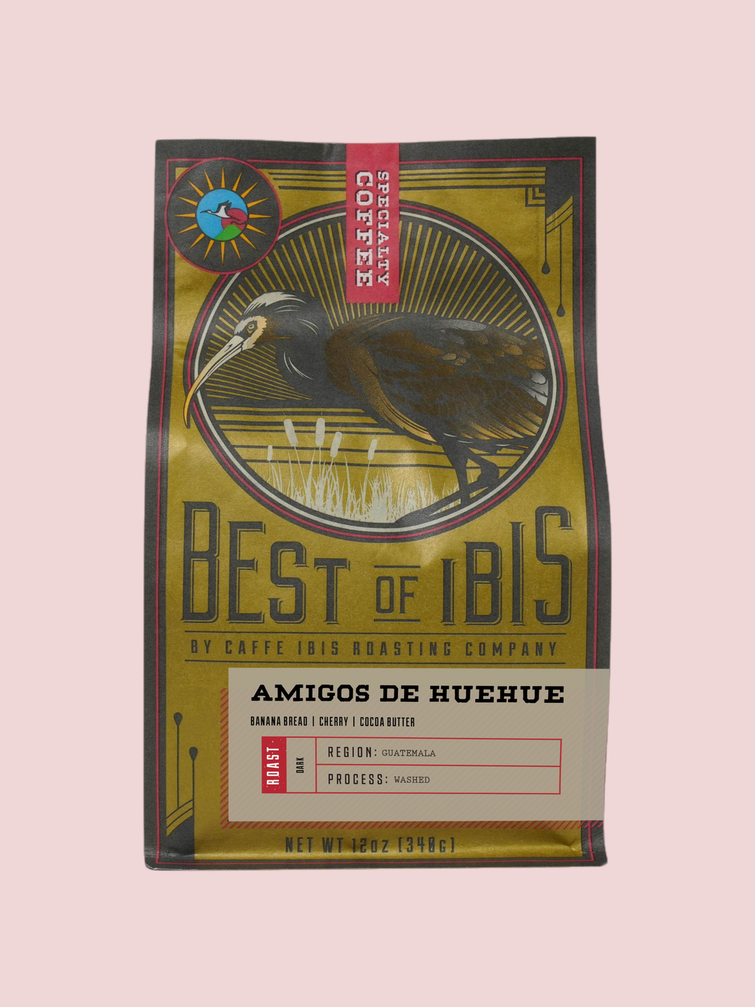 Caffe Ibis Amigos de Huehue coffee blend in a "Best of Ibis" twelve ounce bag; front view.