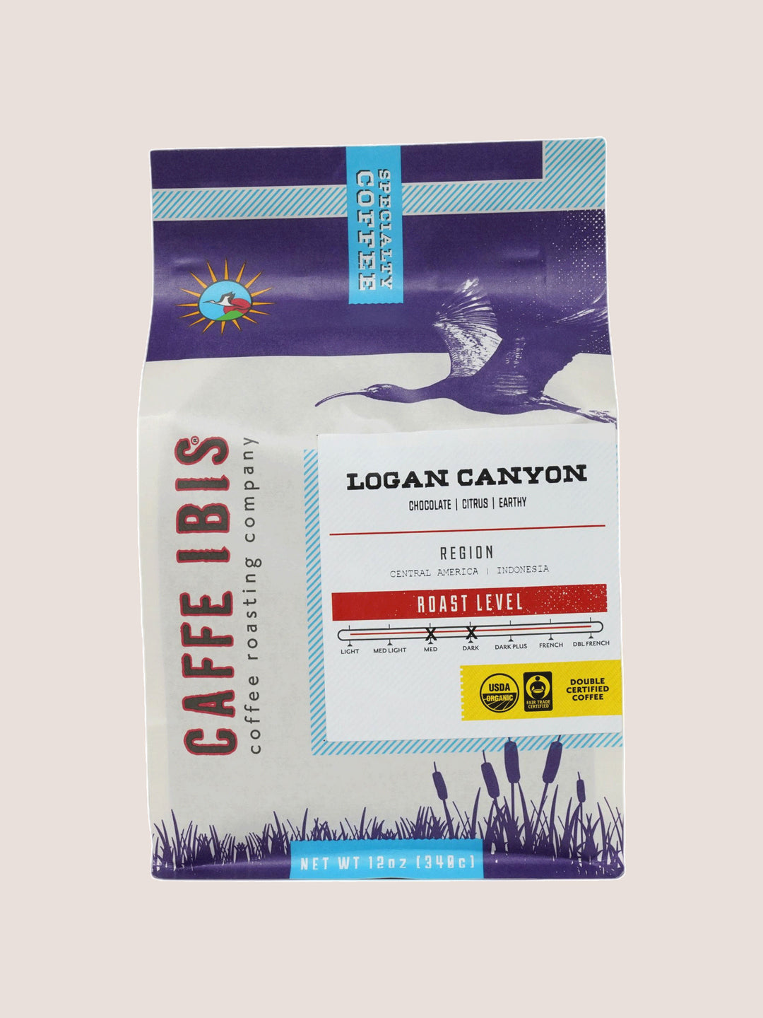 Caffe Ibis Logan Canyon Blend 12oz bag, front view, with beige background.