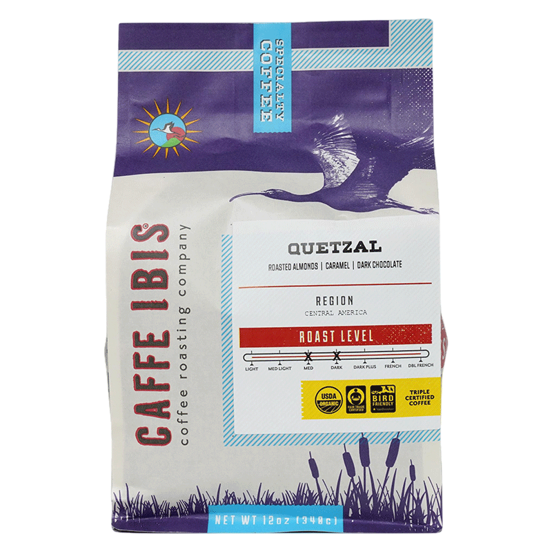 Caffe Ibis Organic Quetzal Blend in a 12oz bag, front view.