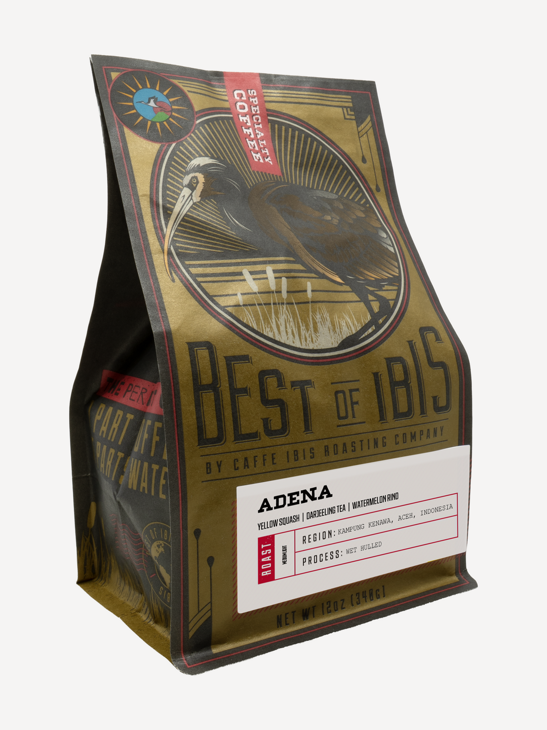 A bag of Best of Ibis Adena coffee on a clean white background. The packaging features a vintage-style illustration of a white-faced ibis in a circular frame, with 'BEST OF IBIS' printed prominently in dark lettering.
