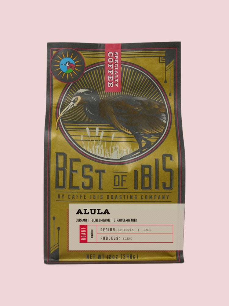 Caffe Ibis Alula coffee blend in a "Best of Ibis" twelve ounce bag; front view.