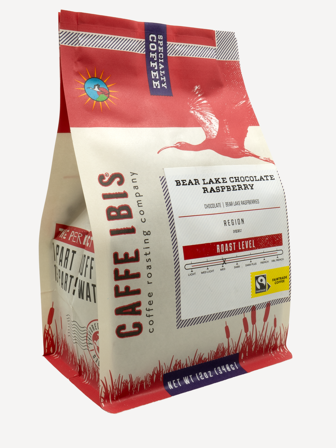 Caffe Ibis Bear Lake Chocolate Raspberry flavored coffee in a red twelve ounce bag; front quarter view.