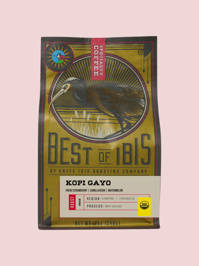 Caffe Ibis Kopi Gayo coffee blend in a "Best of Ibis" twelve ounce bag; front view.