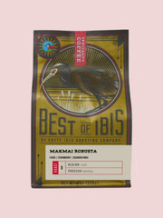 Caffe Ibis Makmai Robusta coffee in a "Best of Ibis" twelve ounce bag; front view.