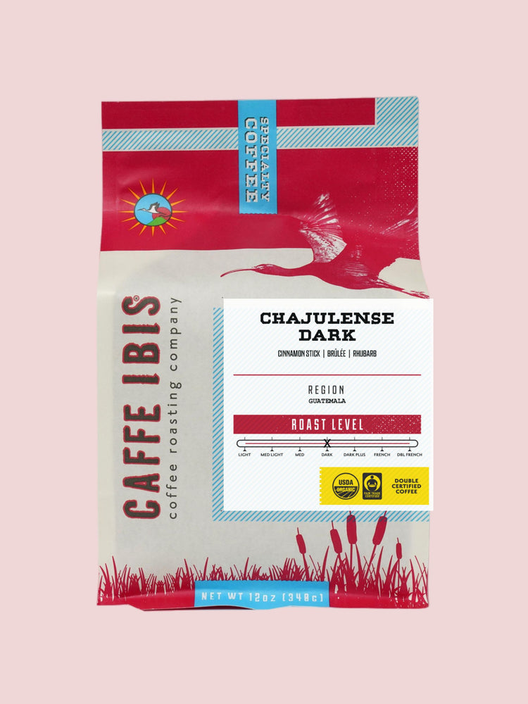 Caffe Ibis organic Chajulense Dark coffee in a red twelve ounce bag; front view.