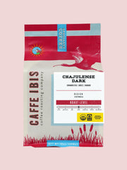 Caffe Ibis organic Chajulense Dark coffee in a red twelve ounce bag; front view.