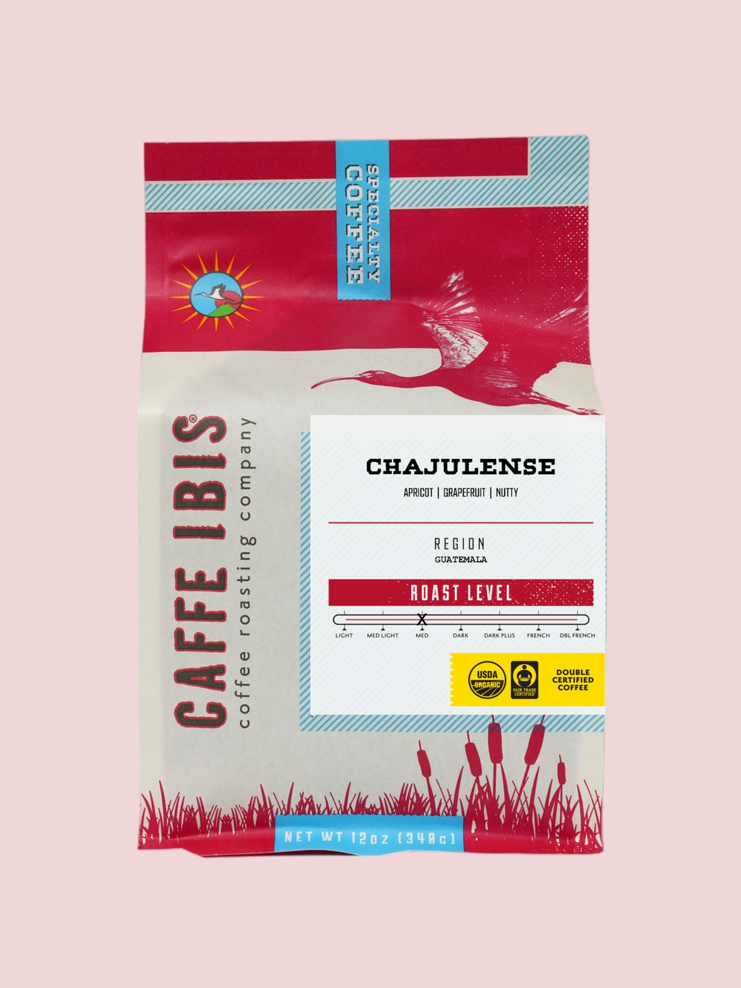  Caffe Ibis organic Chajulense coffee in a red twelve ounce bag; front view.