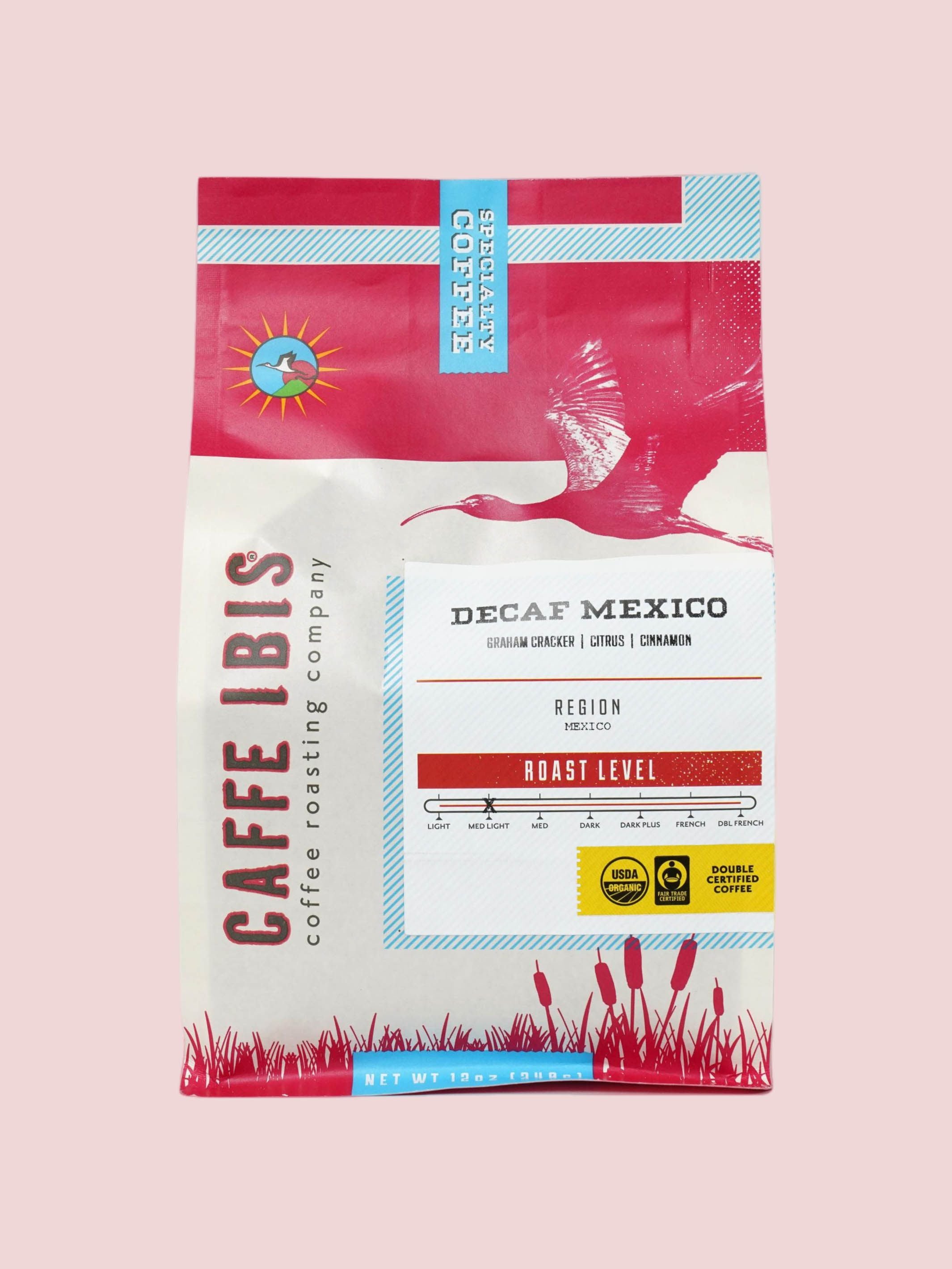 Caffe Ibis Decaf Organic Mexico coffee in a red twelve ounce bag; front view.
