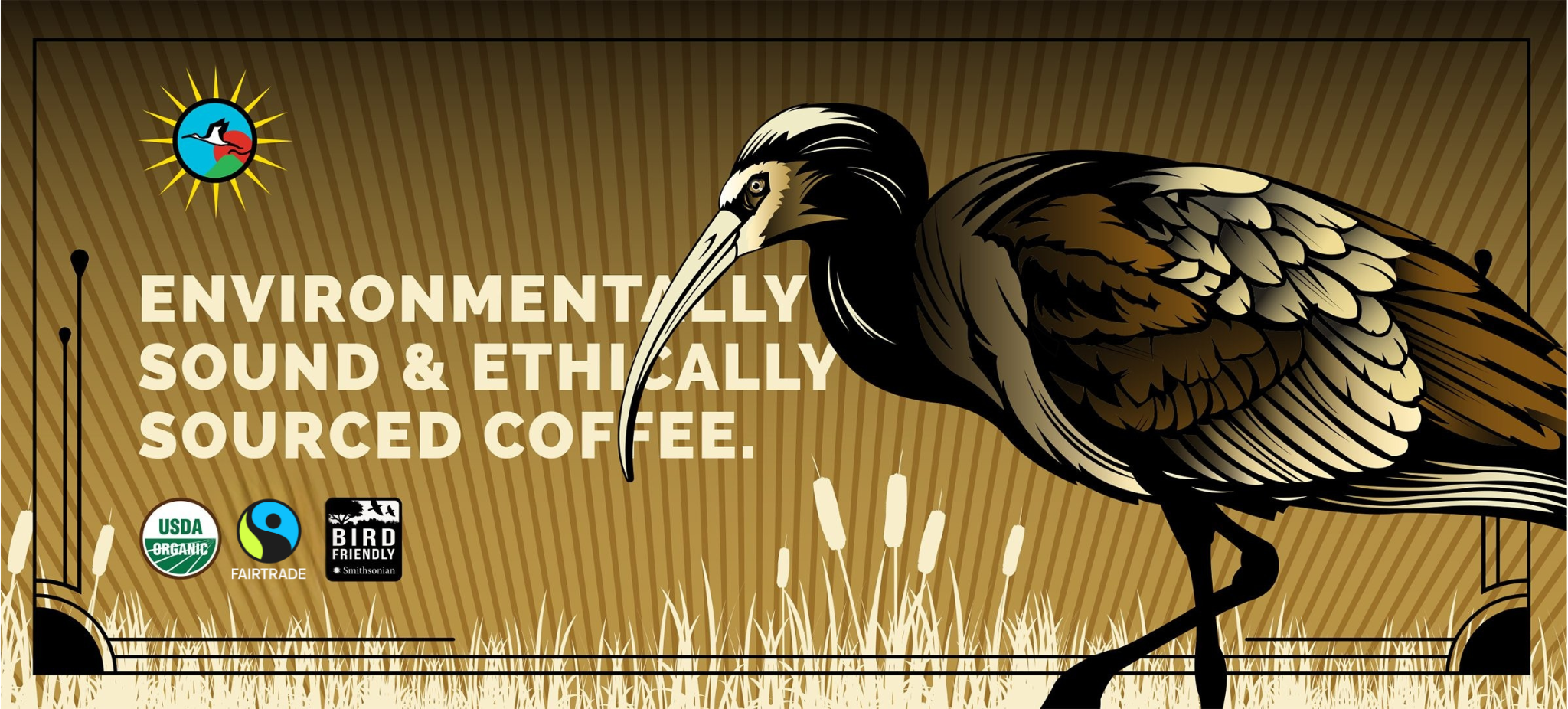 Graphic of White-faced Ibis, Caffe Ibis sun logo, organic seal, fairtrade seal, and bird friendly seal; Text: Environmentally sound and ethically sourced coffee.