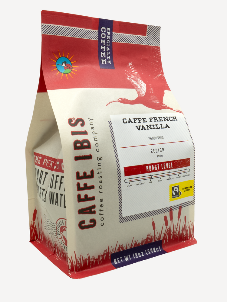 Caffe Ibis flavor Caffe French Vanilla coffee in a red twelve ounce bag; front quarter view.