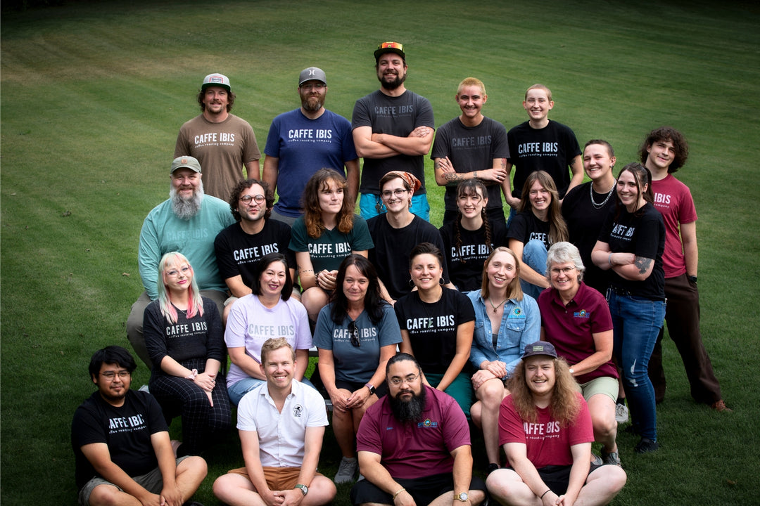 Group photo of Caffe Ibis employees in a grassy park in 2024