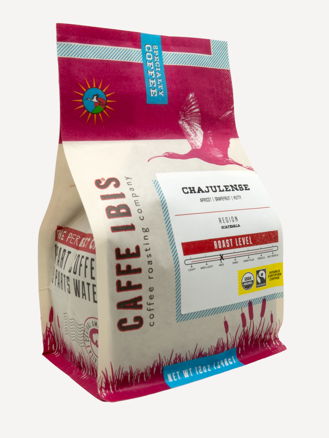 Caffe Ibis Organic Chajulense coffee in a pink twelve ounce bag; front quarter view.