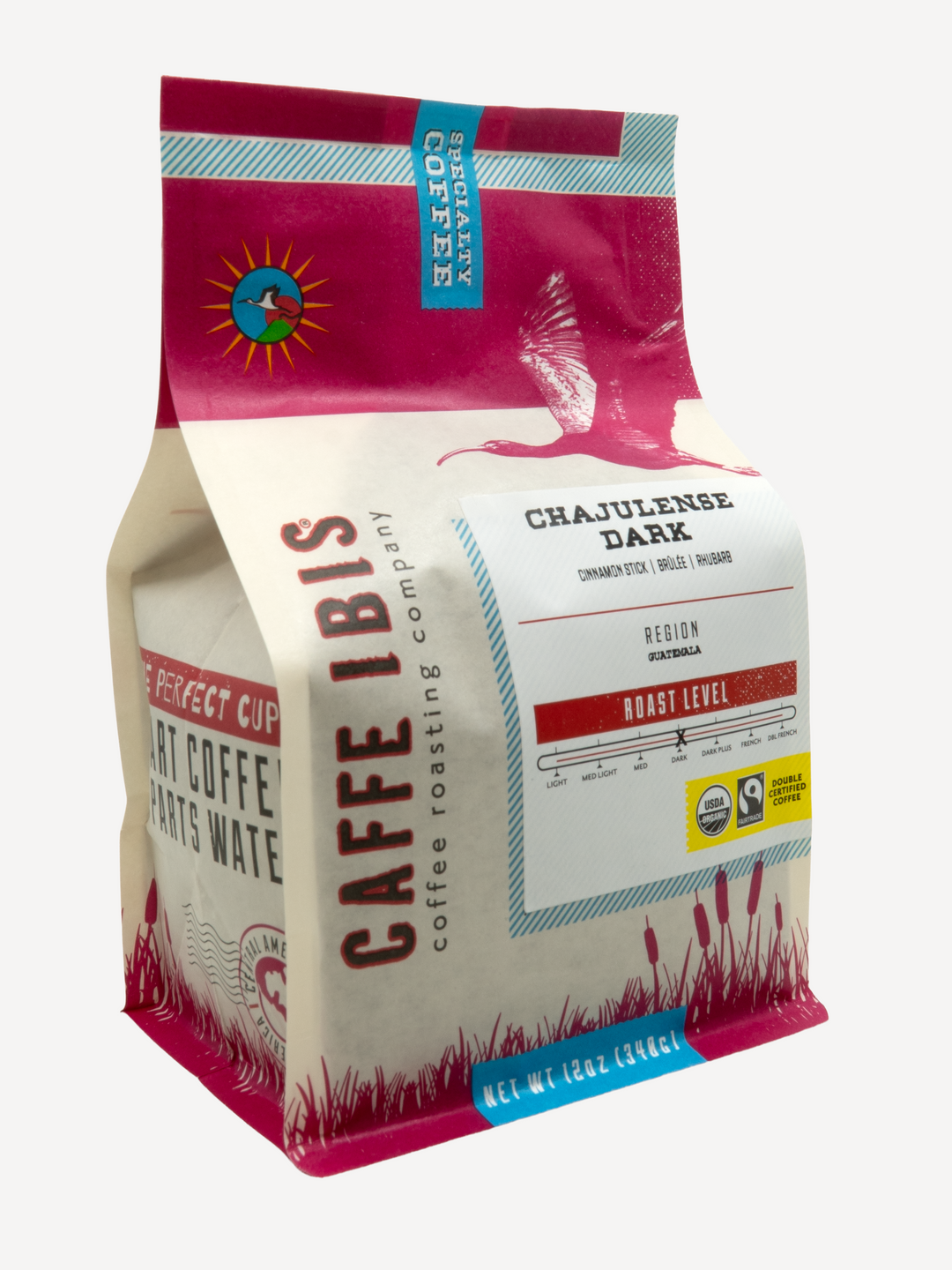 Caffe Ibis Organic Chajulense Dark coffee in a pink twelve ounce bag; front quarter view.