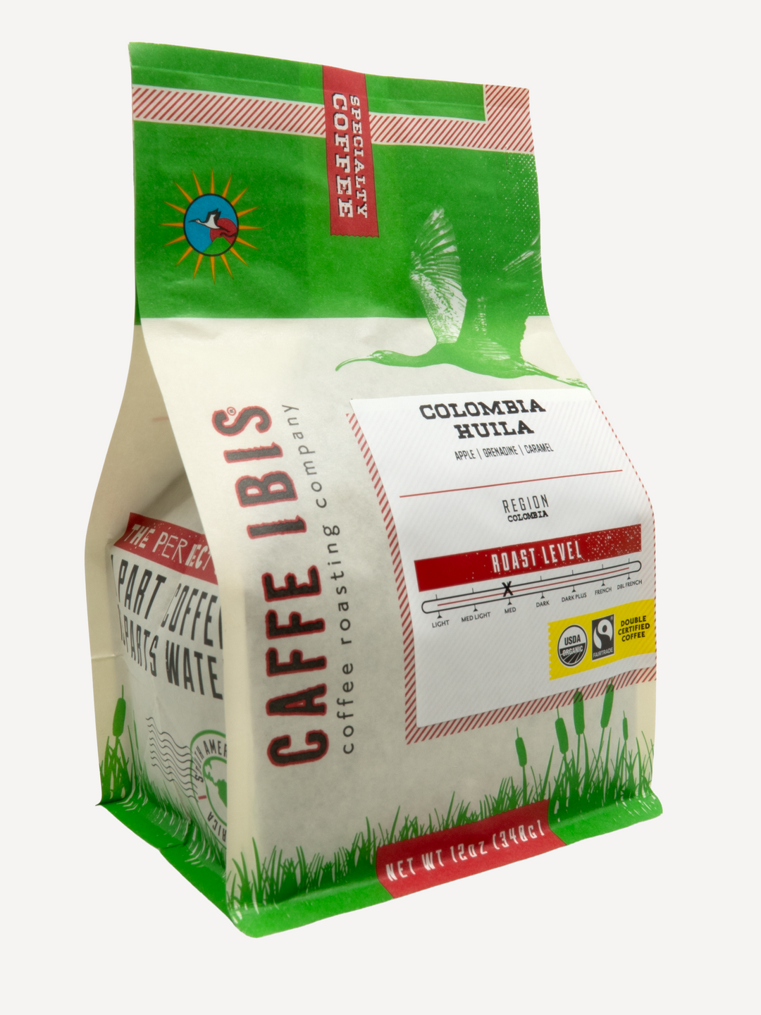Caffe Ibis Organic Colombian Huila coffee in a green twelve ounce bag; front quarter view.