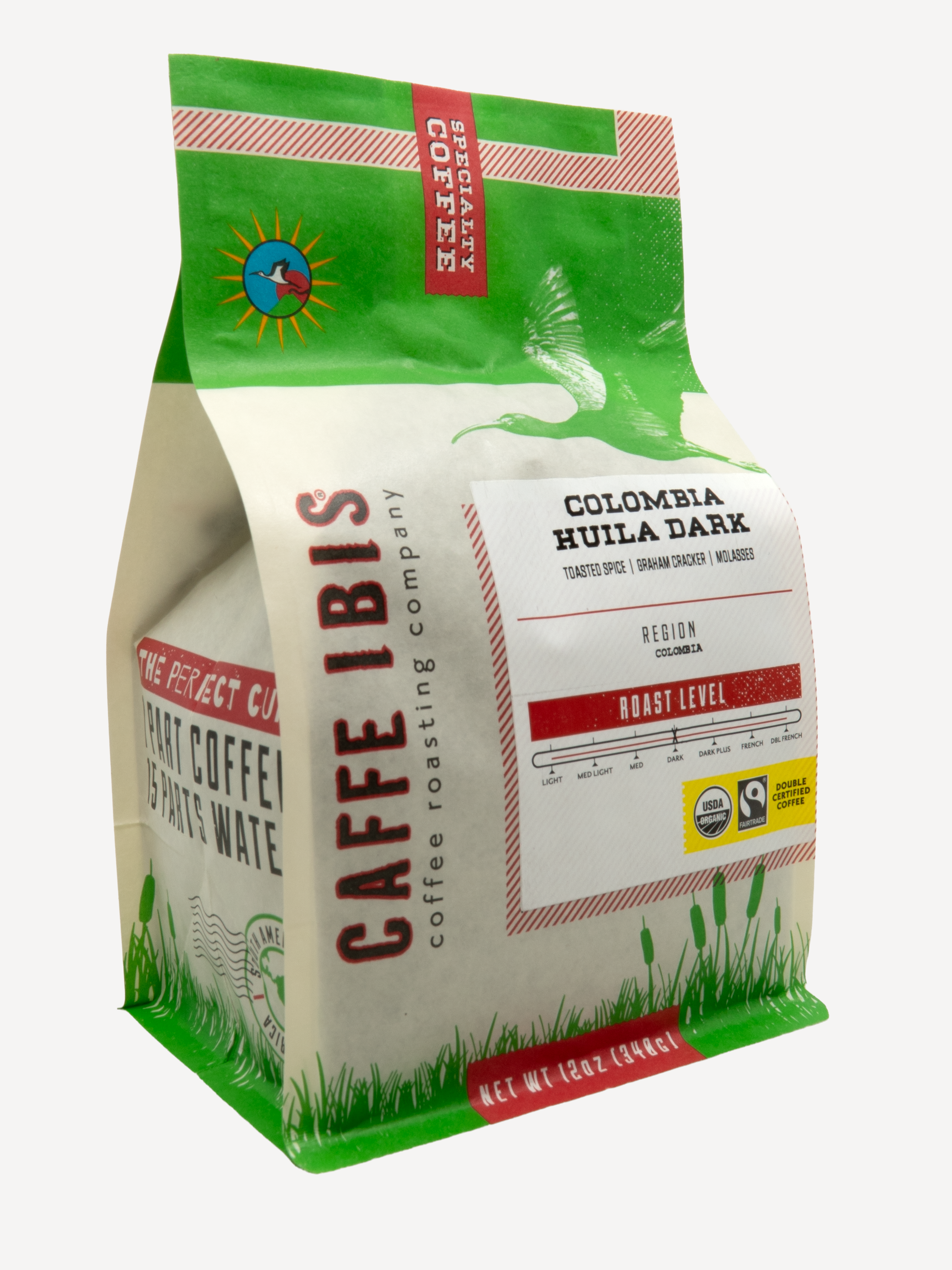 Caffe Ibis Organic Colombia Huila Dark coffee in a green twelve ounce bag; front quarter view.