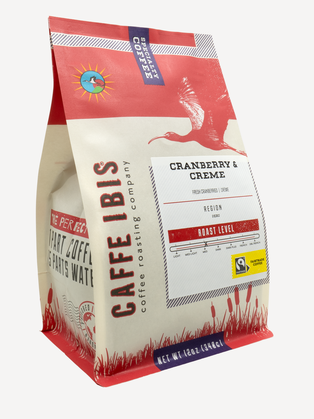 Caffe Ibis flavored Cranberry and Creme coffee in a red twelve ounce bag; front quarter view.