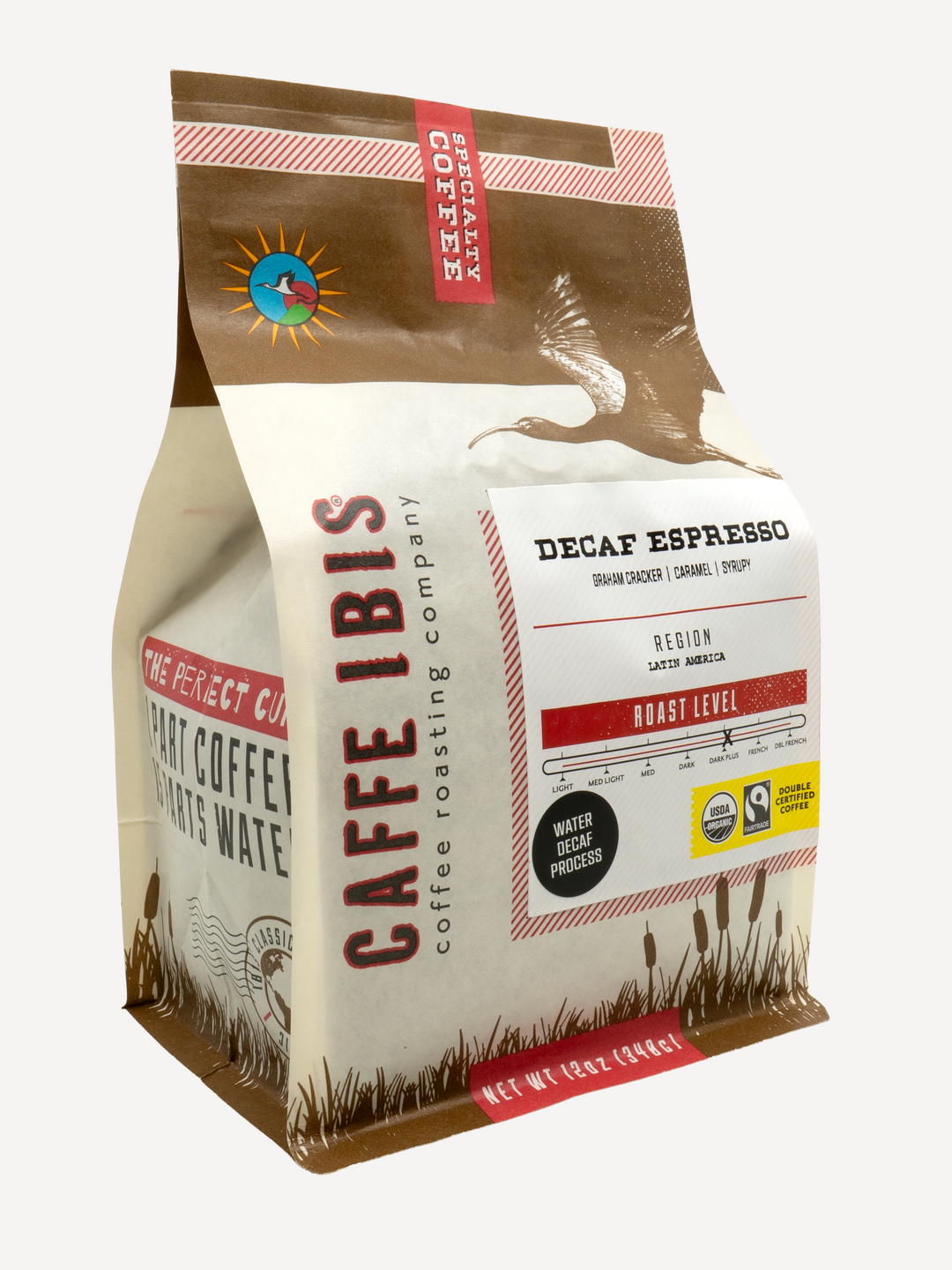 Caffe Ibis Organic Decaf Espresso Roast coffee in a brown twelve ounce bag; front quarter view.