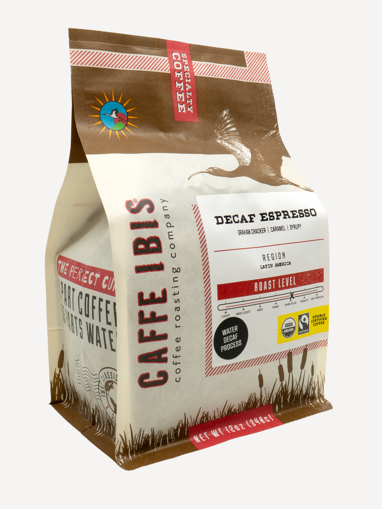 Caffe Ibis Organic Decaf Espresso Roast coffee in a brown twelve ounce bag; front quarter view.