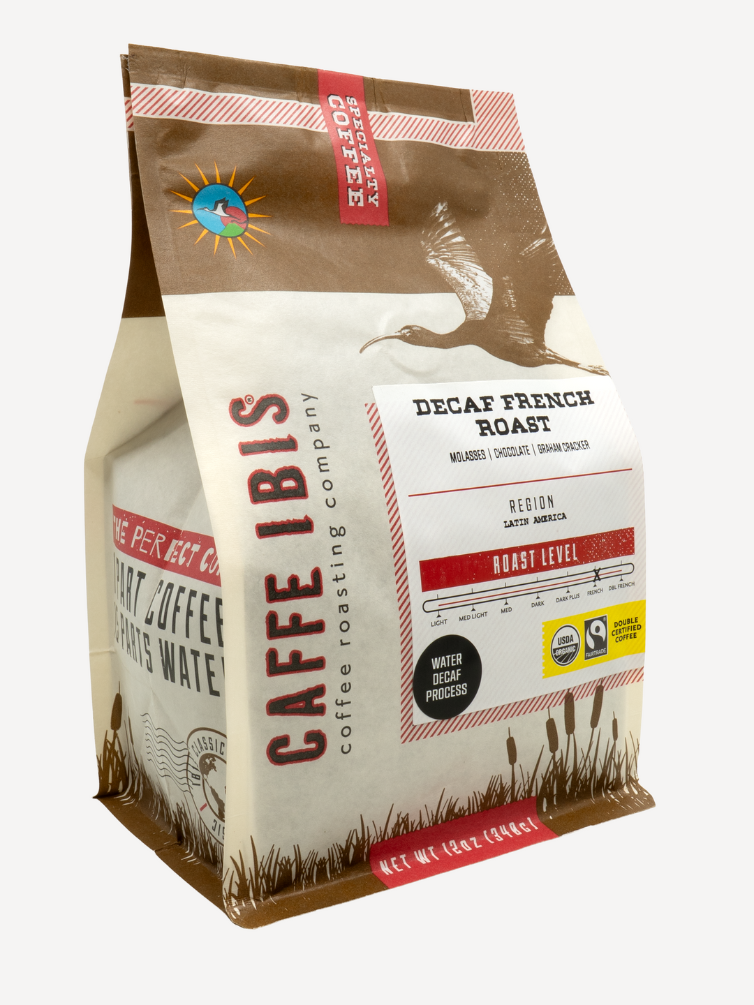 Caffe Ibis Organic Decaf French Roast coffee in a brown twelve ounce bag; front quarter view.