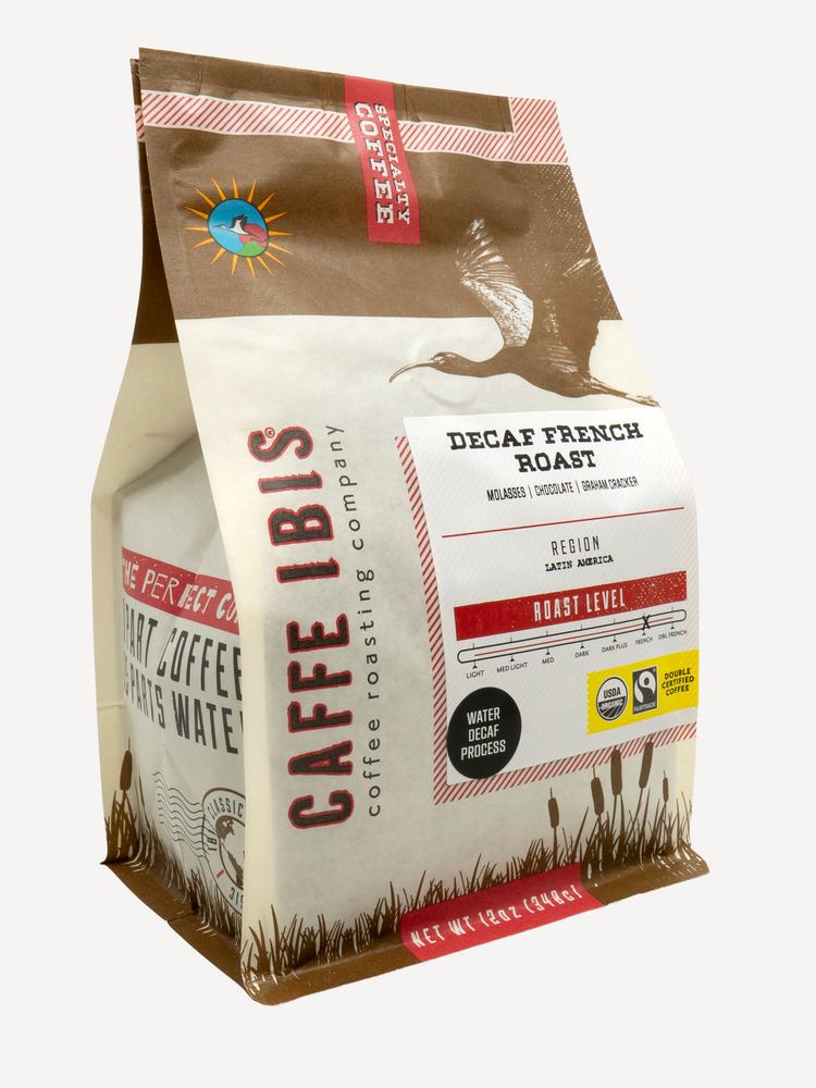 Caffe Ibis Organic Decaf French Roast coffee in a brown twelve ounce bag; front quarter view.
