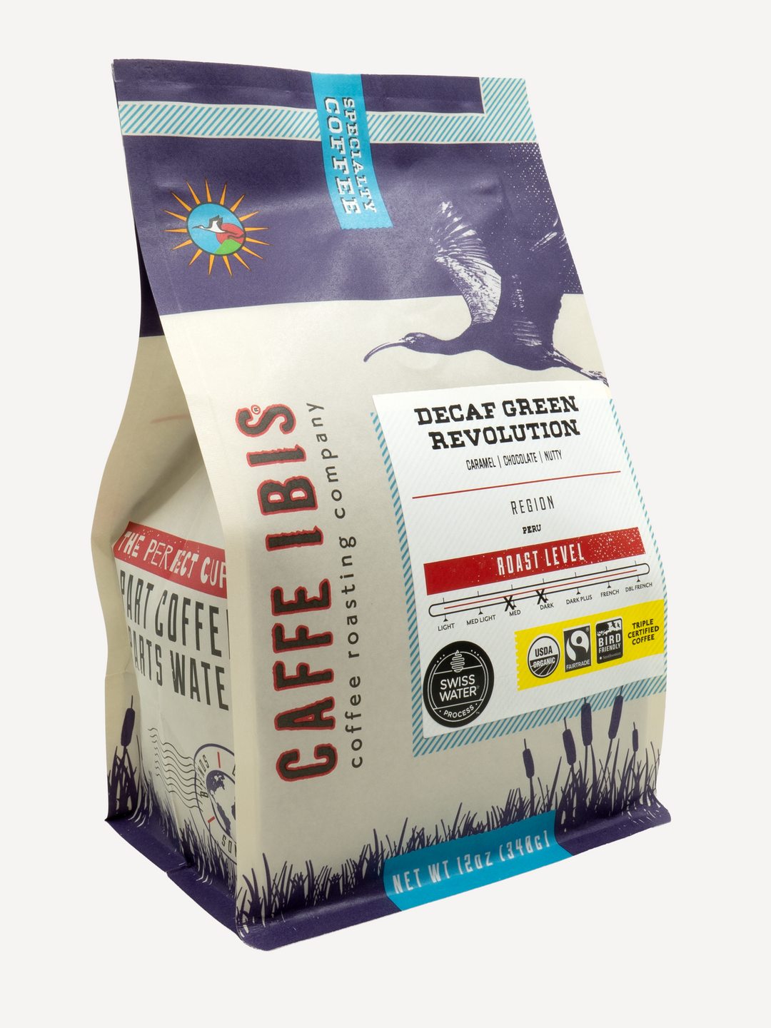 Caffe Ibis Organic Decaf Green Revolution coffee in a purple twelve ounce bag; front quarter view.