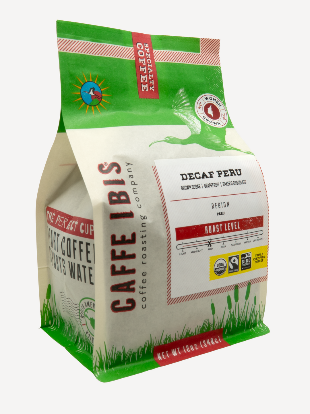 Caffe Ibis Organic Decaf Peru in a green twelve ounce bag; front quarter view.