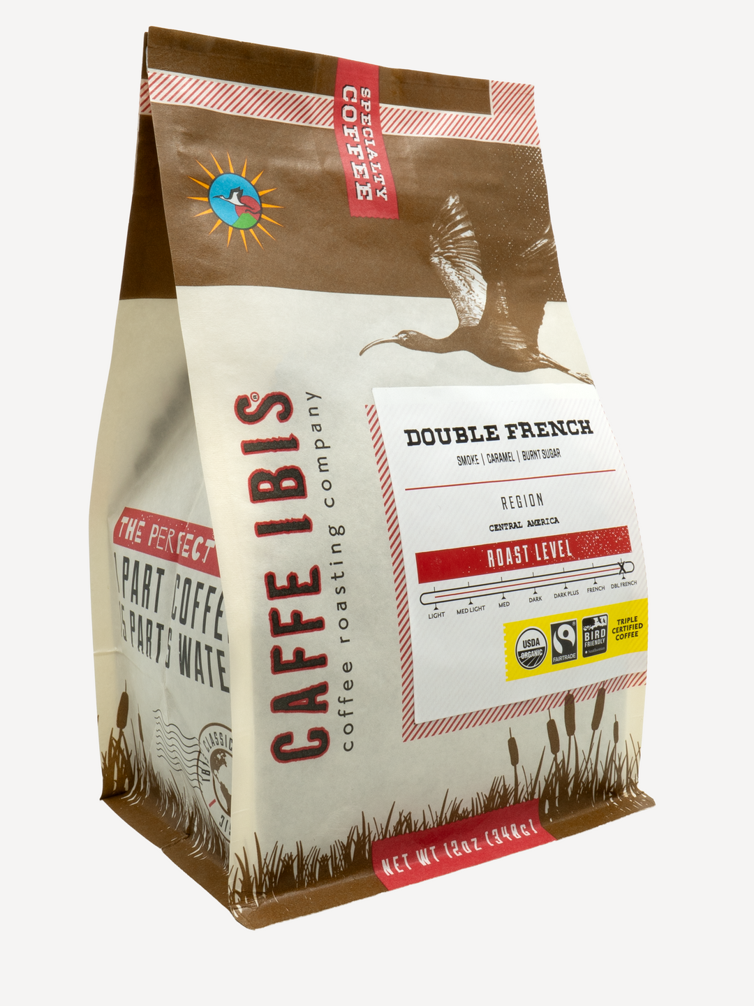 Caffe Ibis Organic Double French Roast coffee in a brown twelve ounce bag; front quarter view.