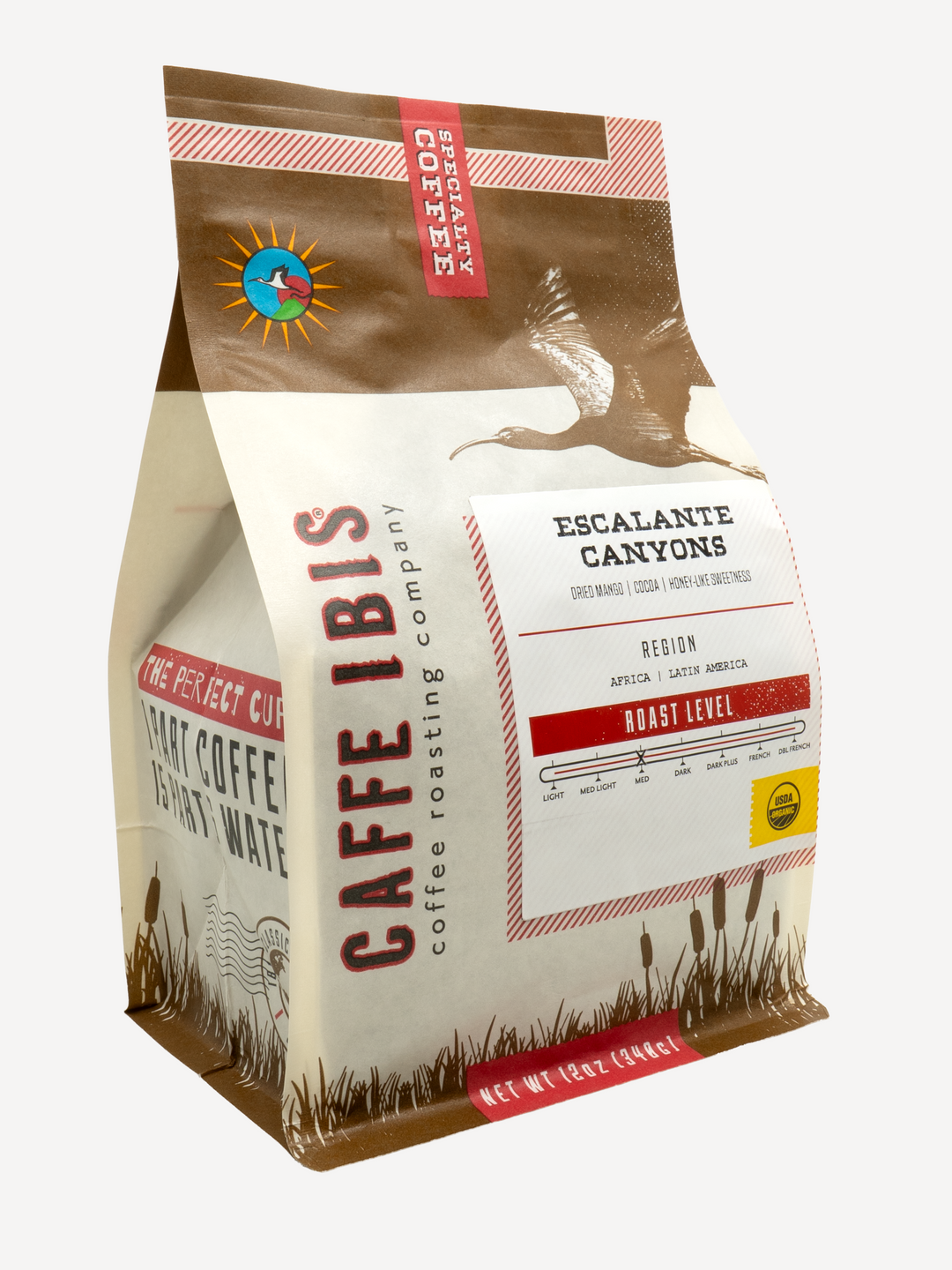 Caffe Ibis Organic Escalante Canyons coffee in a brown twelve ounce bag; front quarter view.