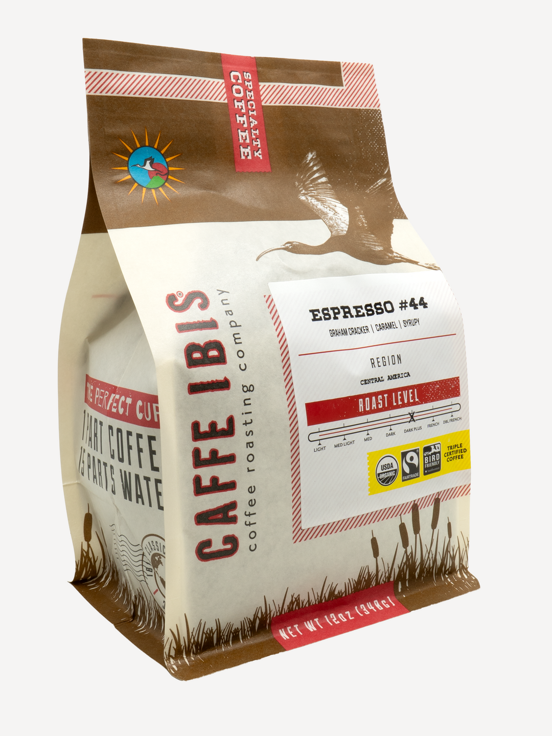 Caffe Ibis Organic Espresso #44 coffee in a brown twelve ounce bag; front quarter view.