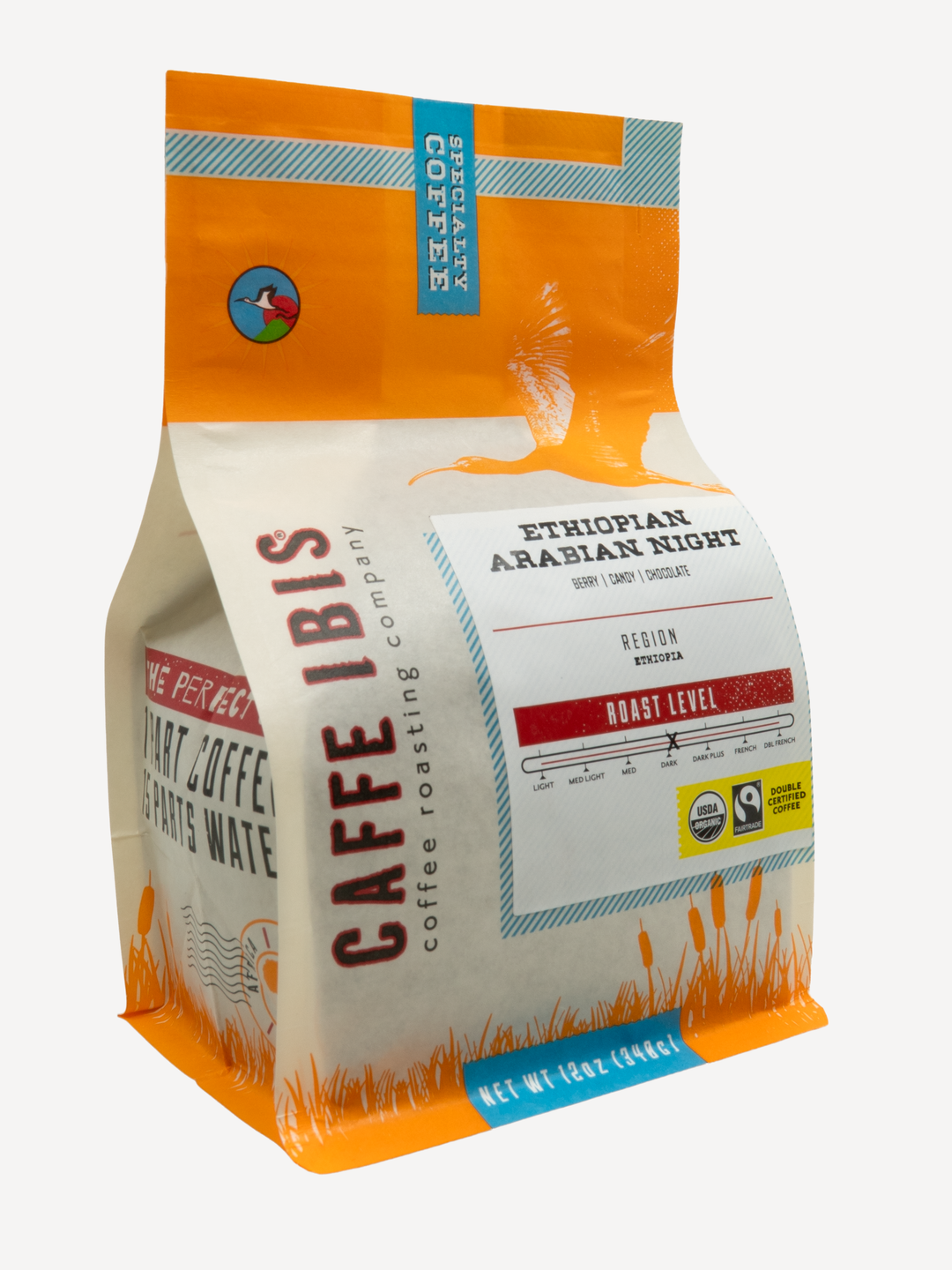 Caffe Ibis Organic Ethiopian Arabian Night coffee in an orange twelve ounce bag; front quarter view.