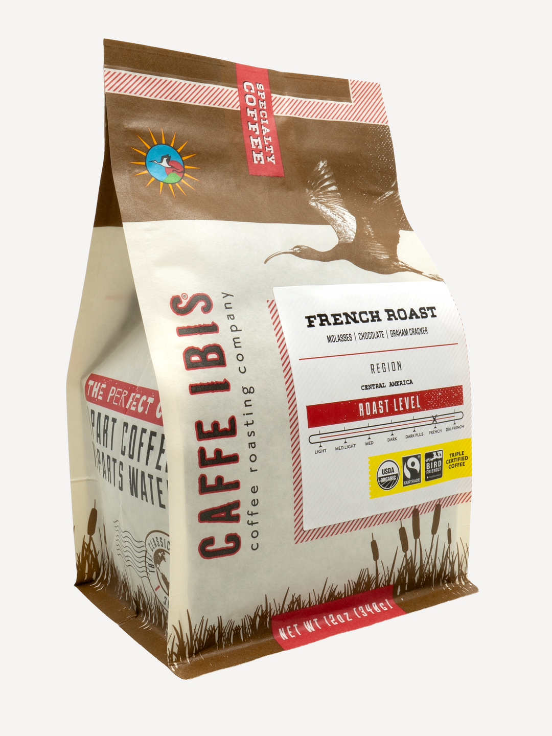 Caffe Ibis Organic French Roast coffee in a brown twelve ounce bag; front quarter view.