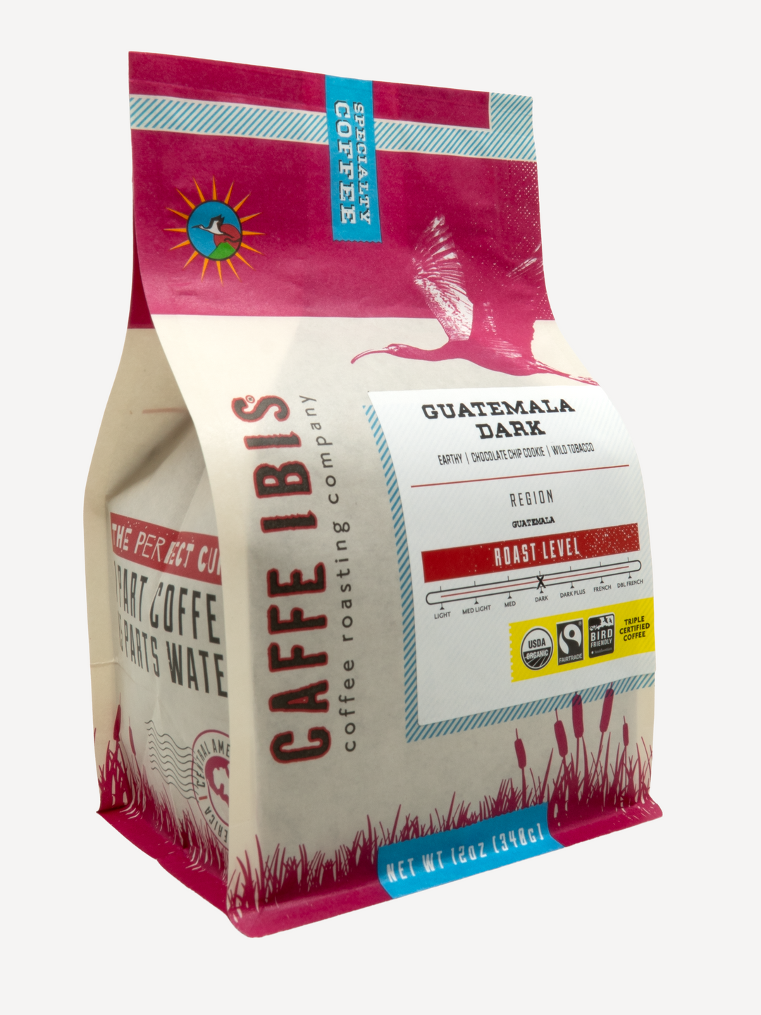 Caffe Ibis Organic Guatemala Dark coffee in a pink twelve ounce bag; front quarter view.