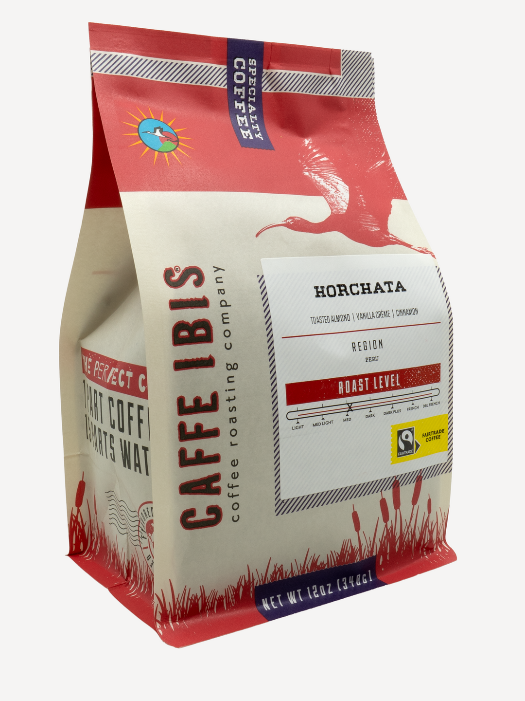 Caffe Ibis flavored Horchata coffee in a red twelve ounce bag; front quarter view.