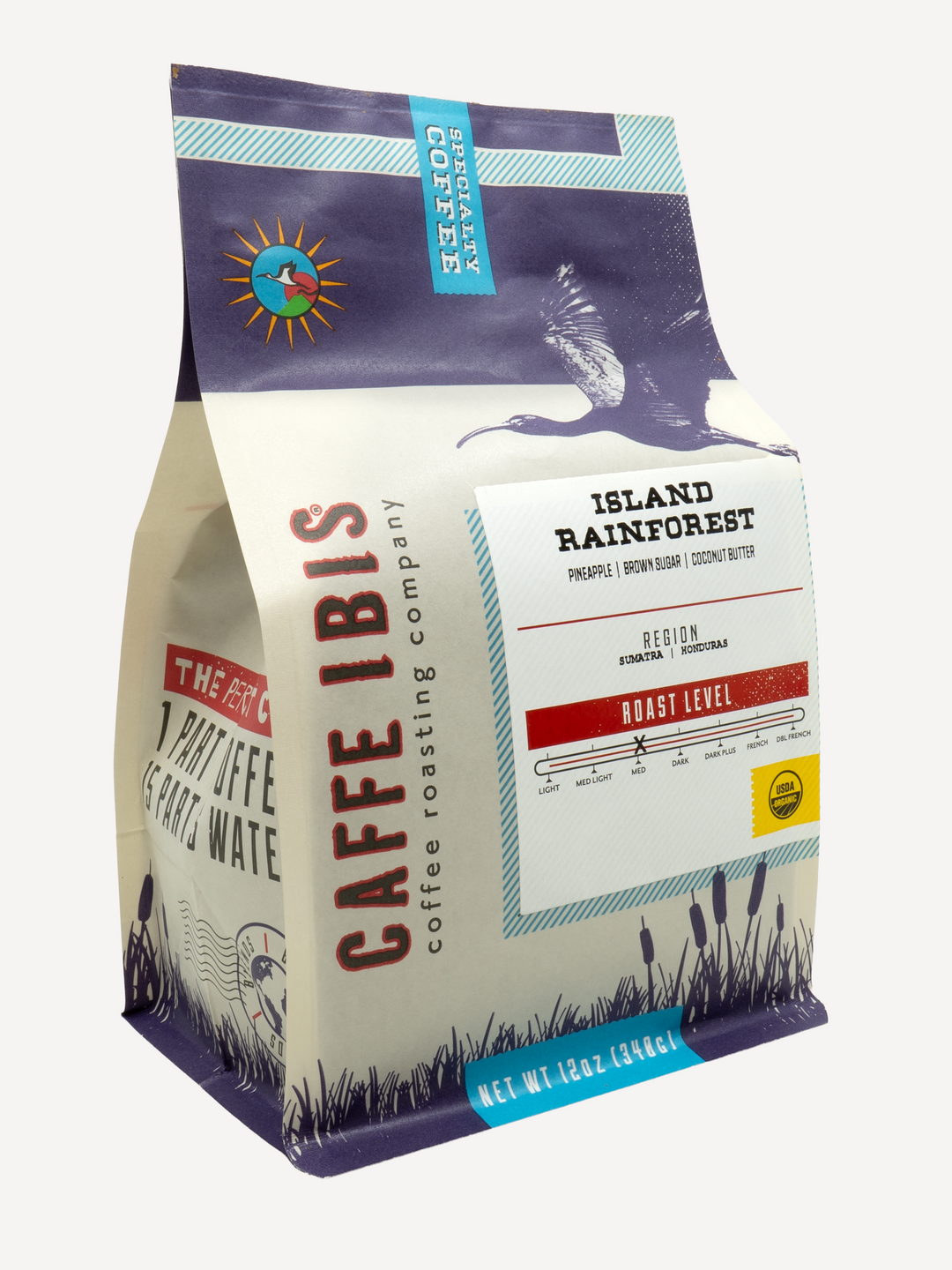 Caffe Ibis Organic Island Rainforest coffee in a purple twelve ounce bag; front quarter view.