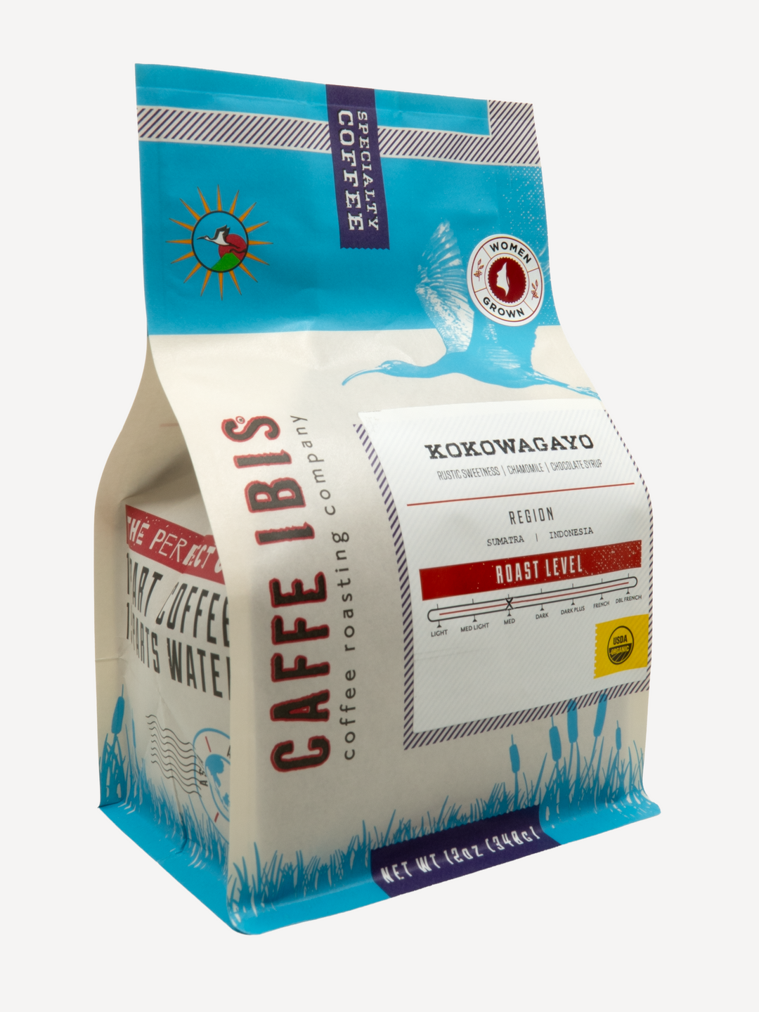 Caffe Ibis Organic Kokowagayo coffee in a blue twelve ounce bag; front quarter view.