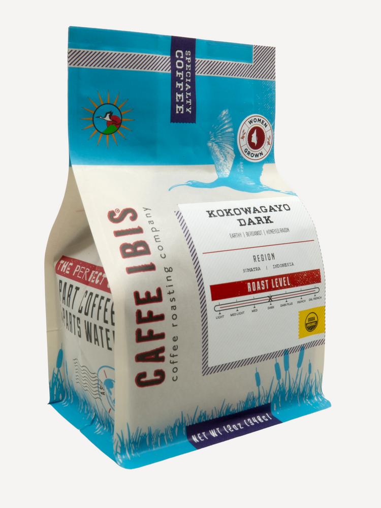 Caffe Ibis Organic Kokowagayo Dark coffee in a blue twelve ounce bag; front quarter view.