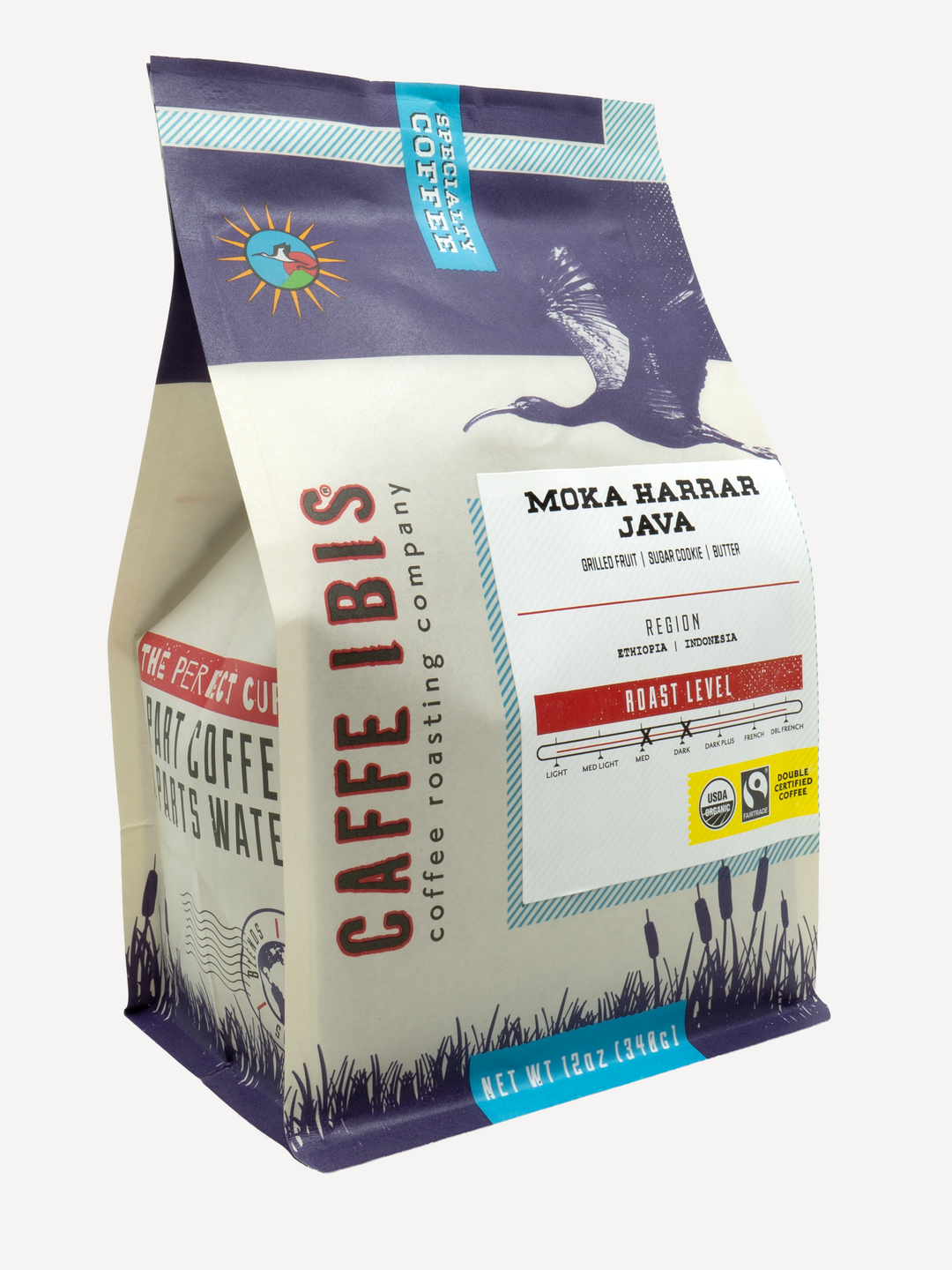 Caffe Ibis Organic Moka Harrar Java coffee in a purple twelve ounce bag; front quarter view.