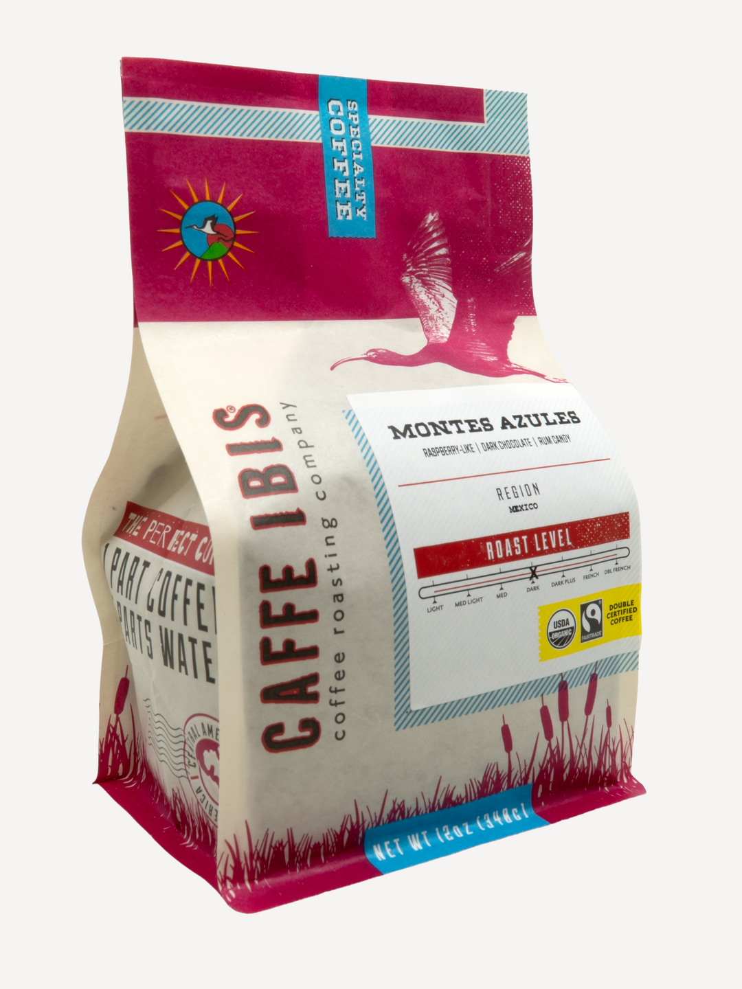 Caffe Ibis Organic Montes Azules in a pink twelve ounce bag; front quarter view.