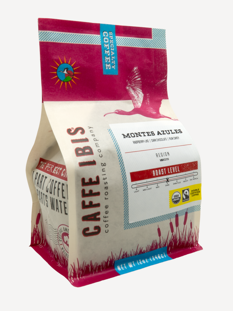 Caffe Ibis Organic Montes Azules in a pink twelve ounce bag; front quarter view.