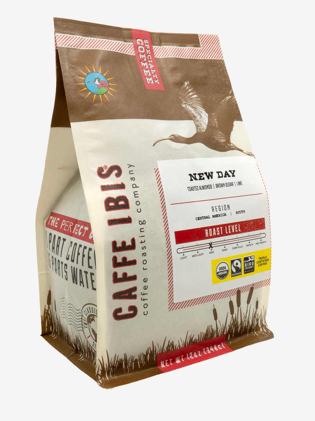 Caffe Ibis Organic New Day coffee in a brown twelve ounce bag; front quarter view.