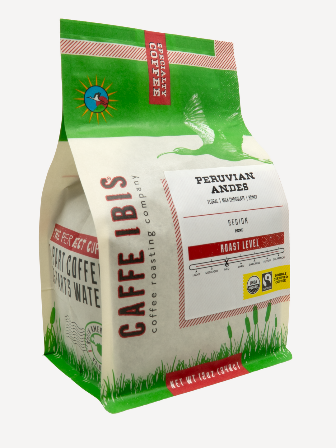 Caffe Ibis organic Peruvian Andes coffee in a green twelve ounce bag; front quarter view.