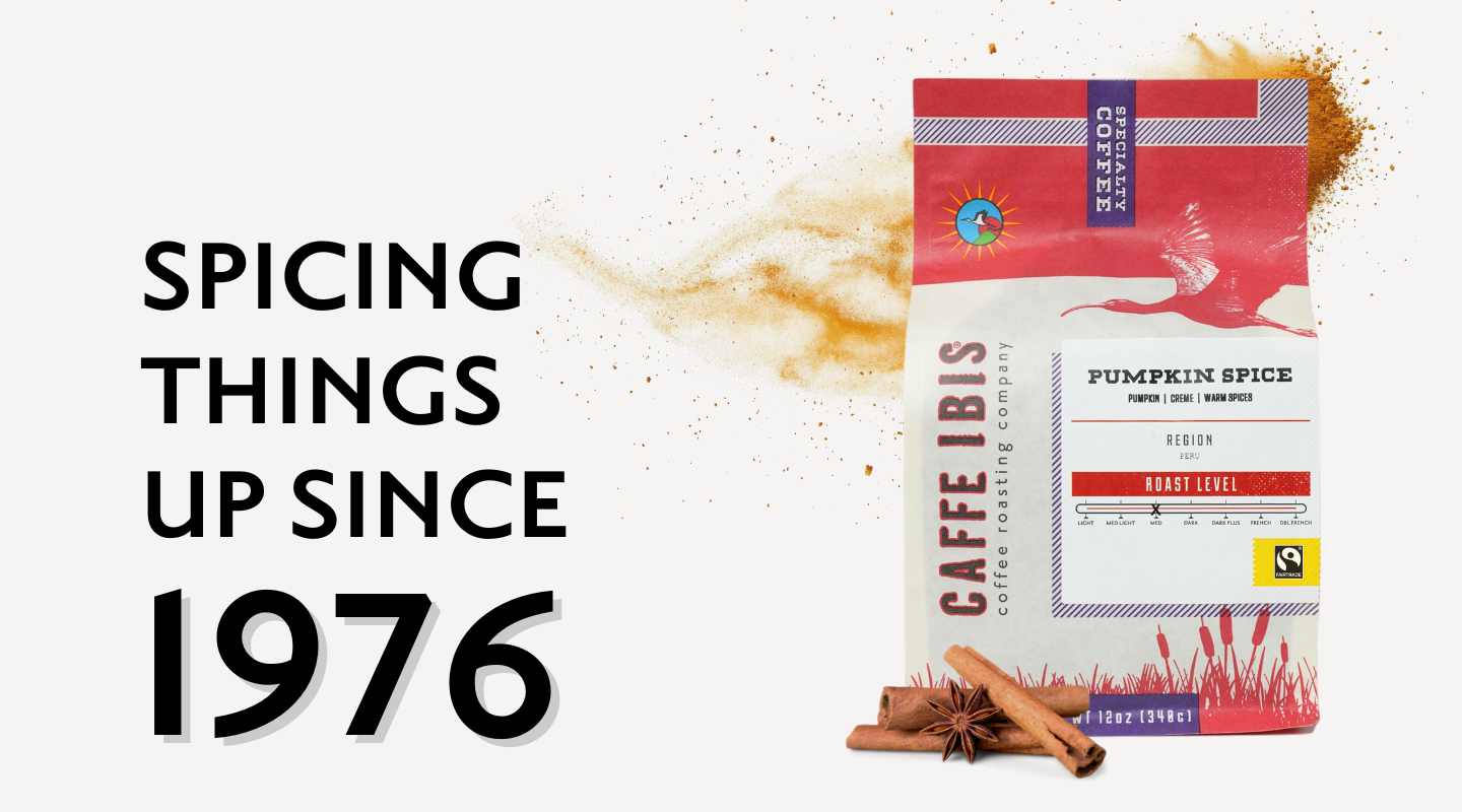 Caffe Ibis pumpkin spice coffee package with text 'Spicing Things Up Since 1976' on a white background