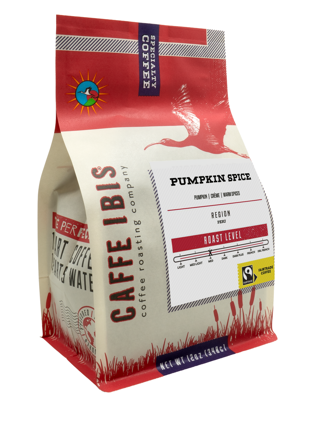 Caffe Ibis seasonal flavored Pumpkin Spice coffee in a red twelve ounce bag; front quarter view.