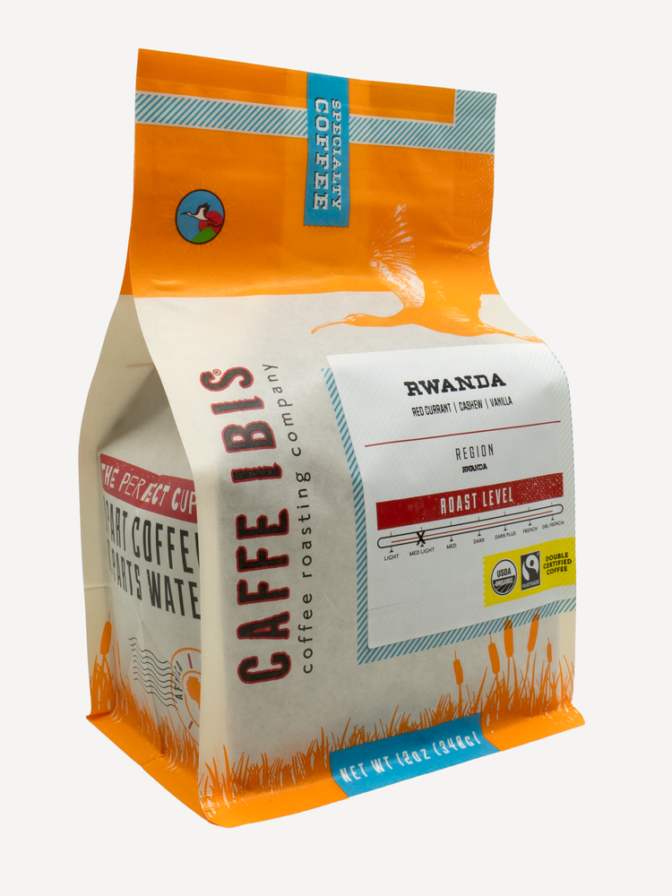 Caffe Ibis Organic Rwanda coffee in an orange twelve ounce bag; front quarter view.