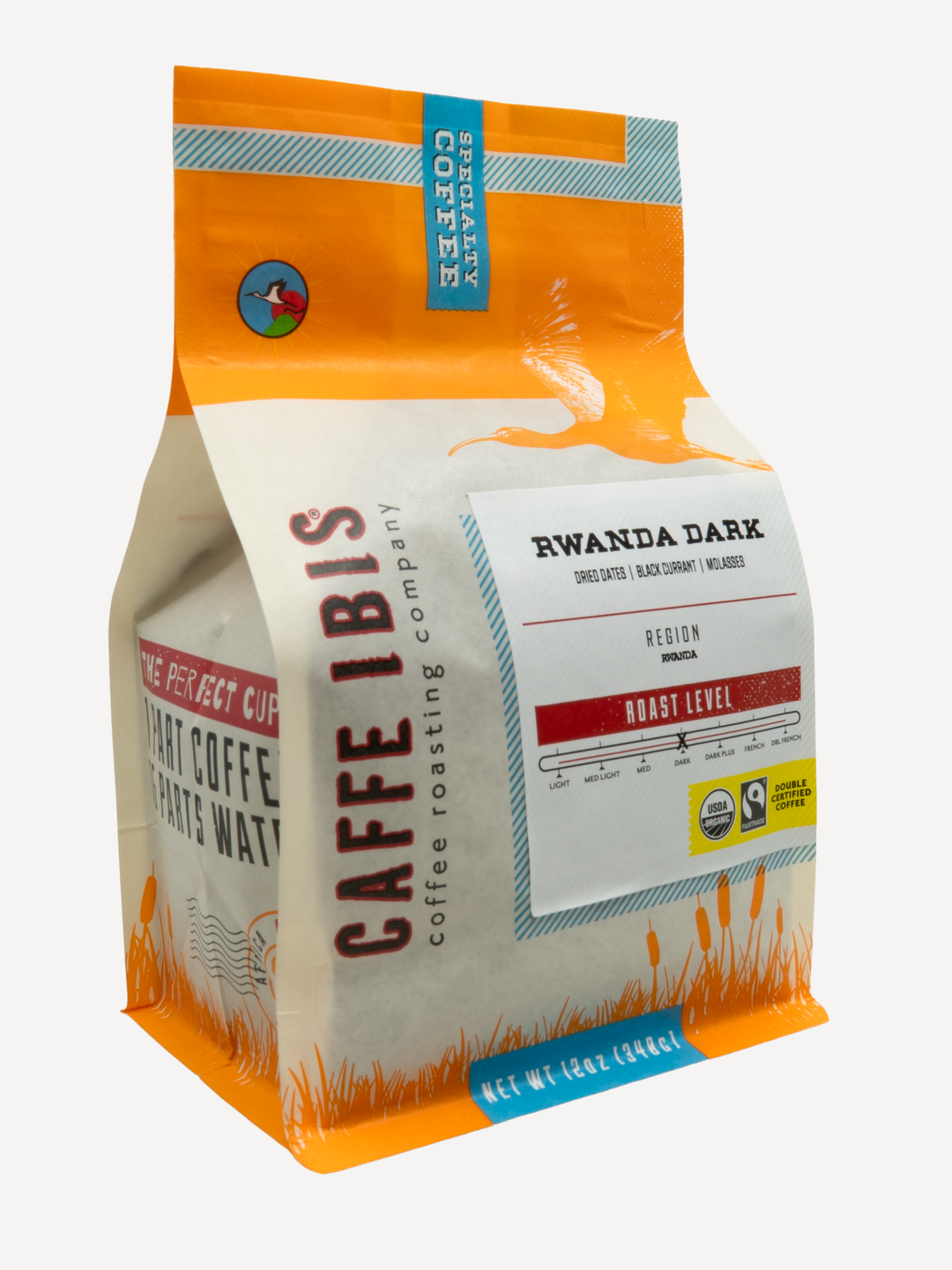 Caffe Ibis Organic Rwanda Dark in an orange twelve ounce bag; front quarter view.