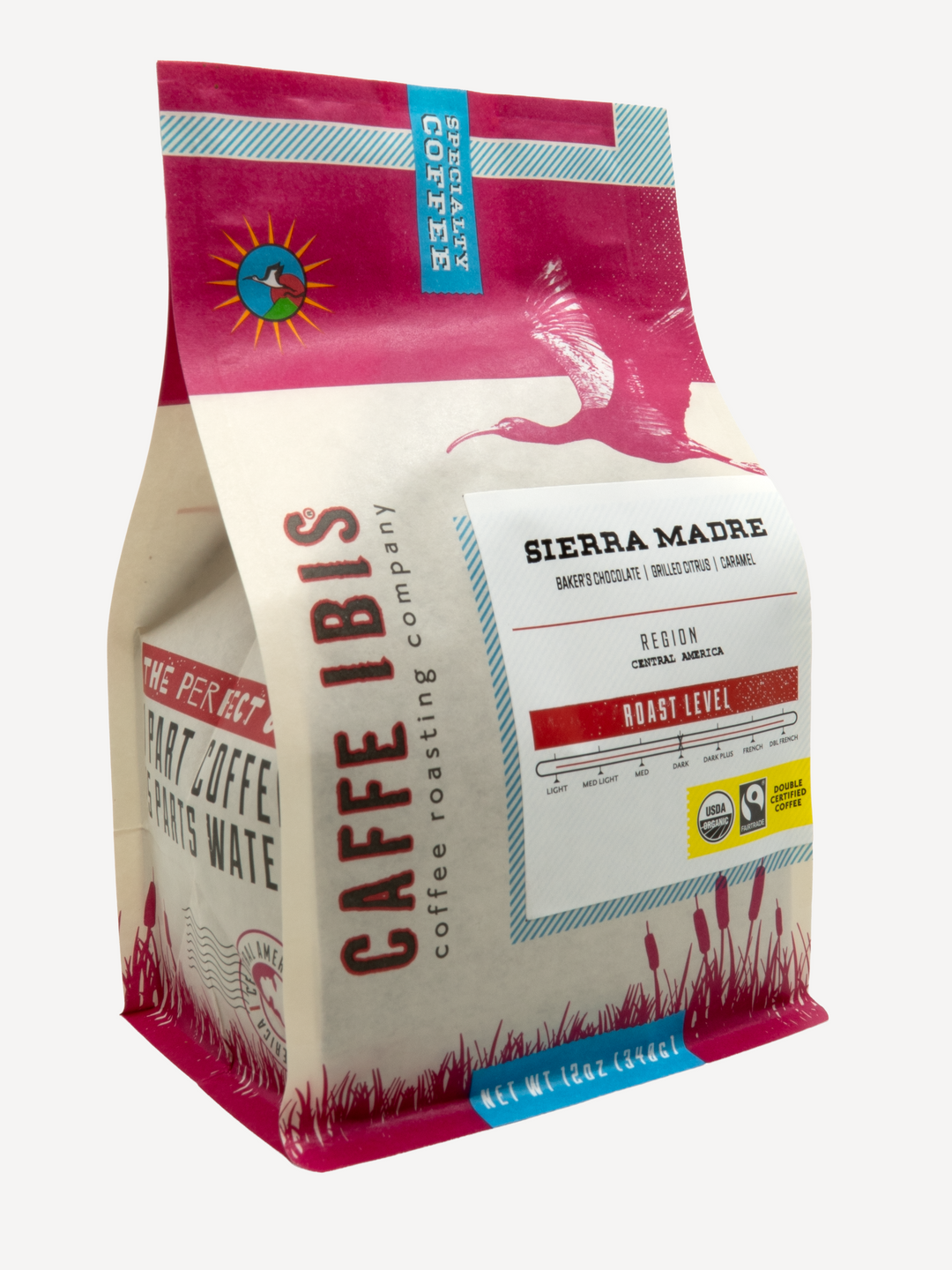 Caffe Ibis Sierra Madre coffee in a pink twelve ounce bag; front quarter view.