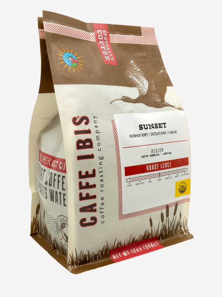 Caffe Ibis Organic Sunset Blend coffee in a brown twelve ounce bag; front quarter view.