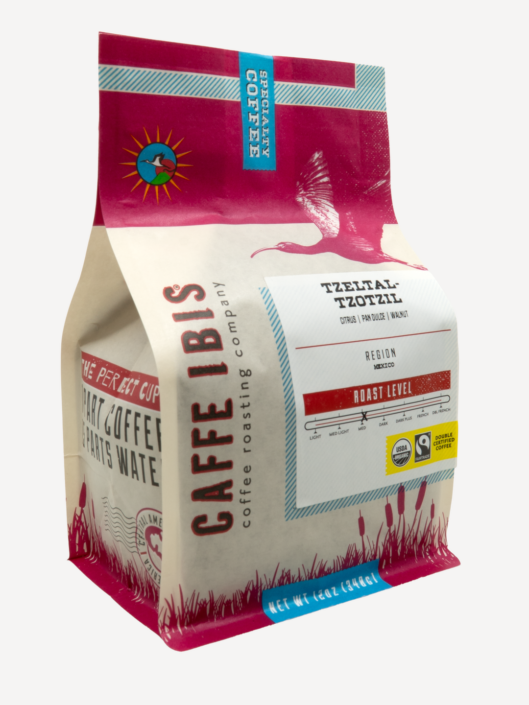 Caffe Ibis Organic Tzeltal-Tzotzil in a pink twelve ounce bag; front quarter view.