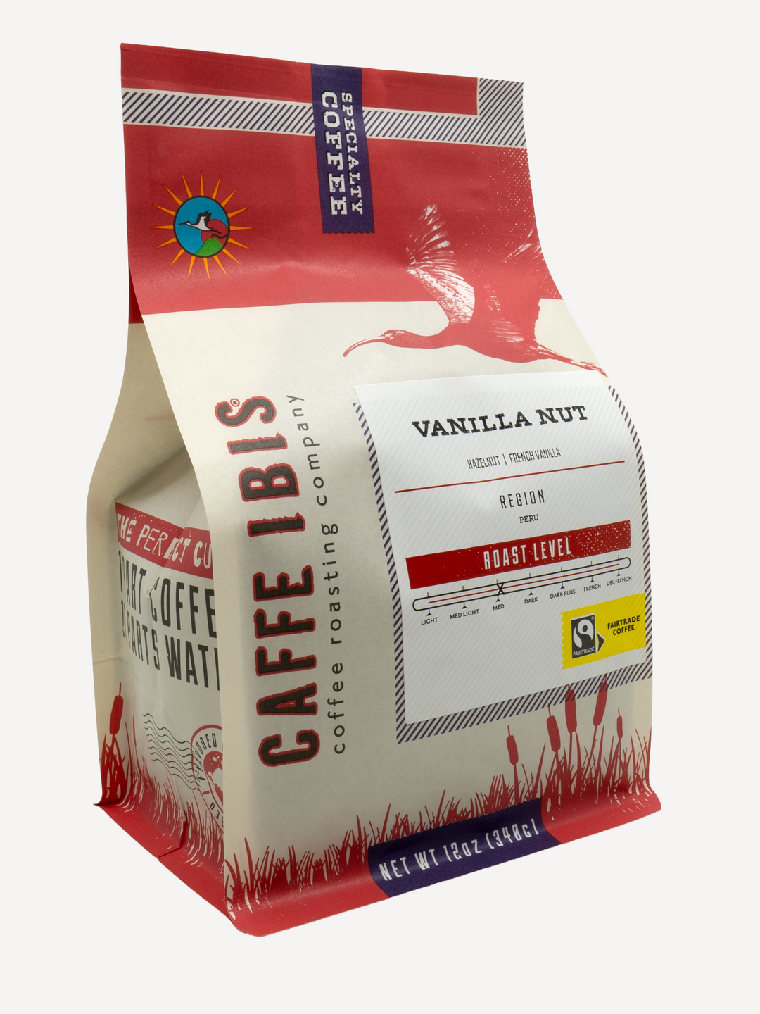Caffe Ibis flavored Vanilla Nut coffee in a red twelve ounce bag; front quarter view.