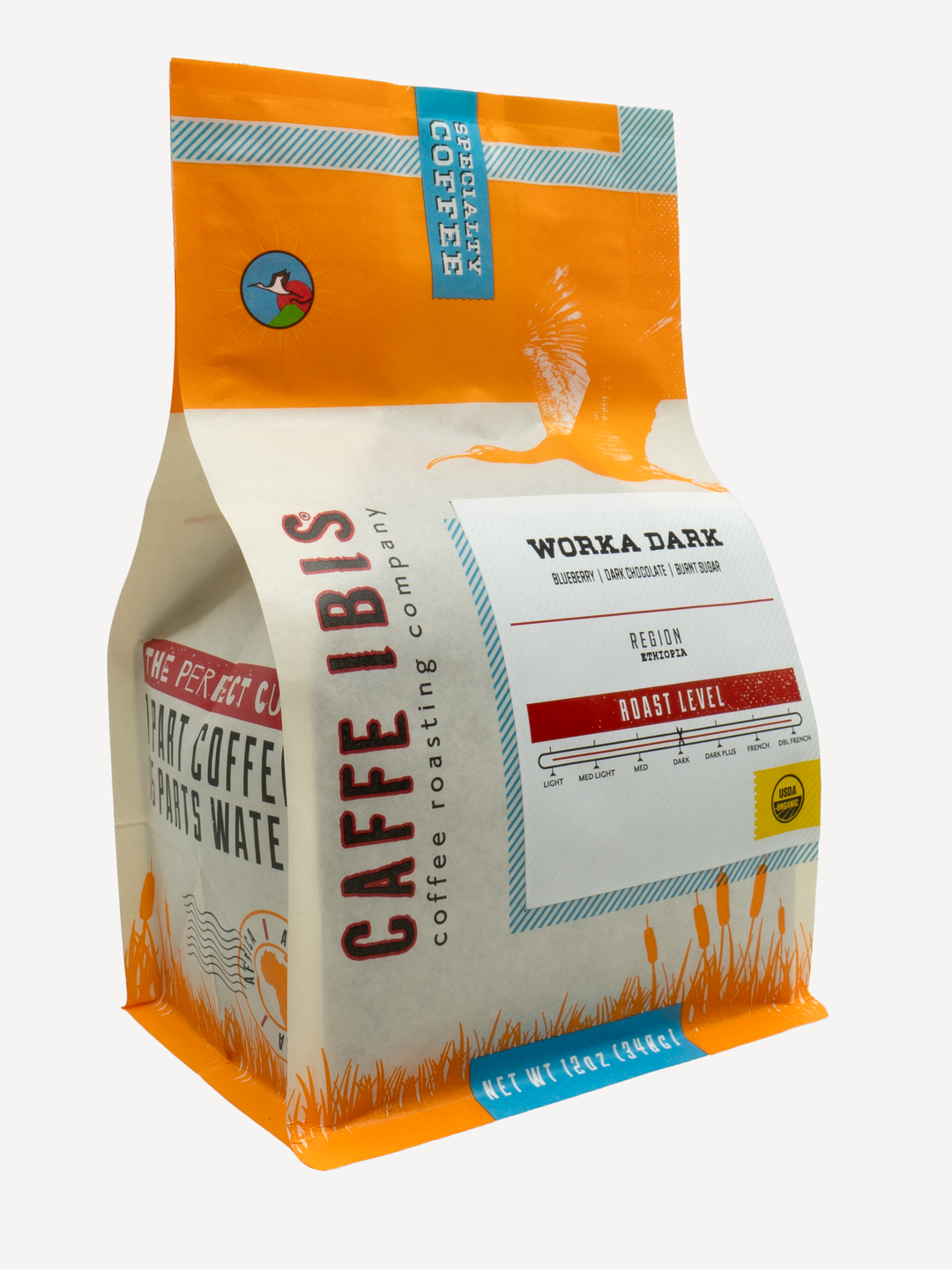 Caffe Ibis Organic Worka Dark in an orange twelve ounce bag; front quarter view.